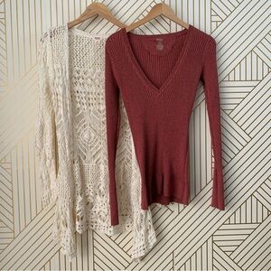 Mossimo Supply Co. Lot 2 Crochet Cream Cardigan & ribbed long sleeve tee cotton